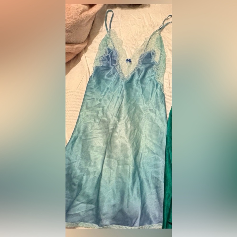 Victoria's Secret Blue Lace Trim Satin Chemise